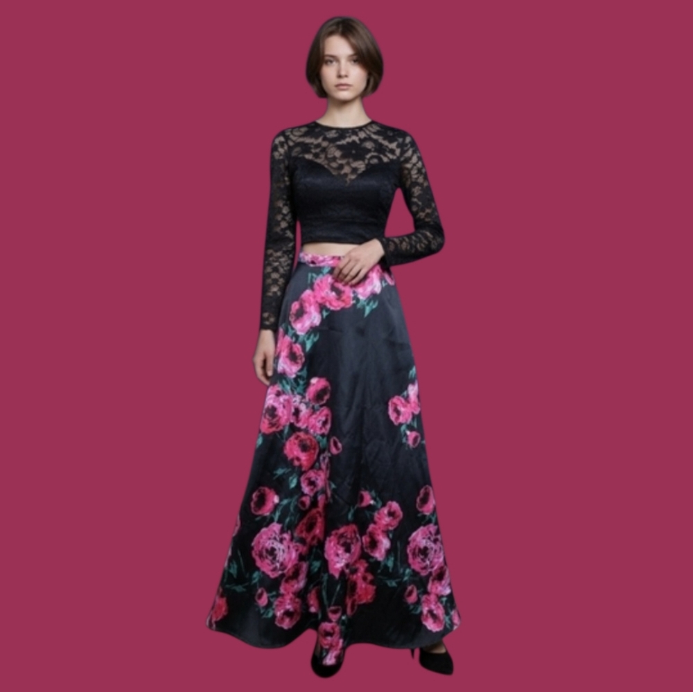 B Darlin Black and Pink Skirt With Lace Top EUC